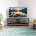Corner TV Stand for TVs up to 55", Gray Oak MDF with Glass Shelf, Open Shelves, Cable Management
