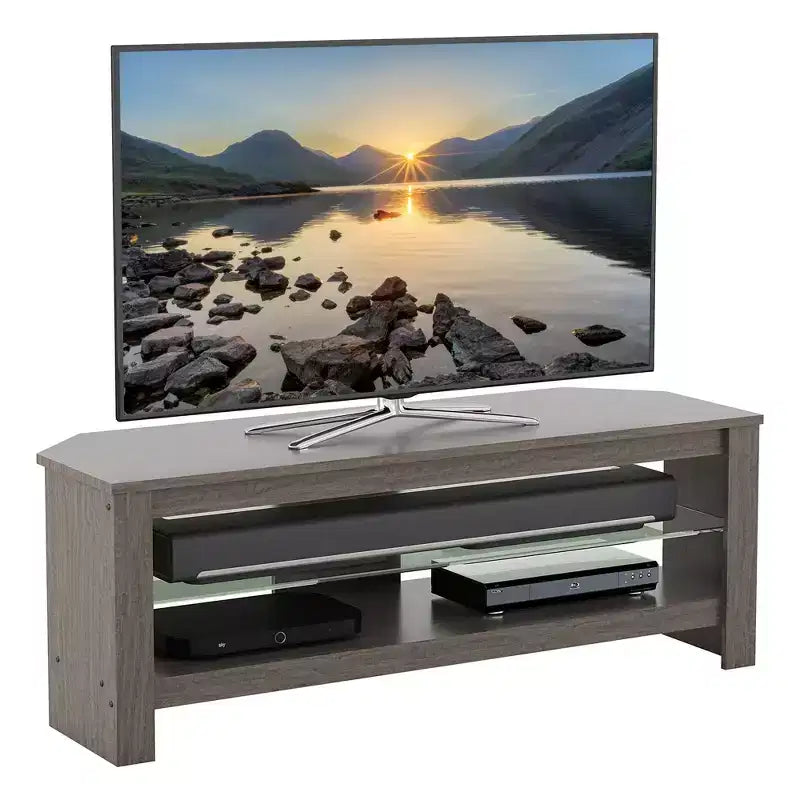 Corner TV Stand for TVs up to 55", Gray Oak MDF with Glass Shelf, Open Shelves, Cable Management
