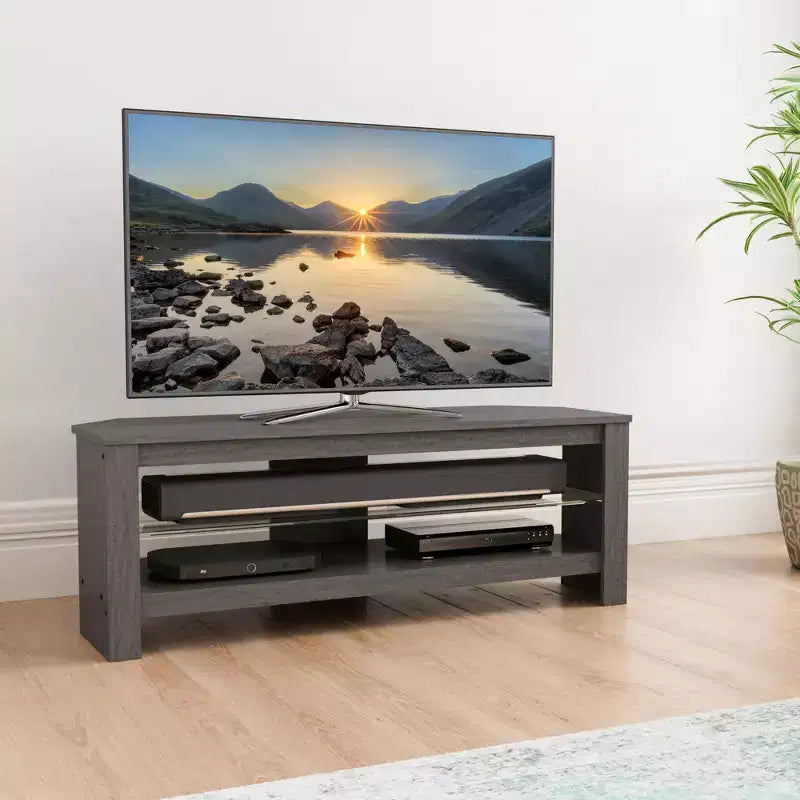 Corner TV Stand for TVs up to 55", Gray Oak MDF with Glass Shelf, Open Shelves, Cable Management