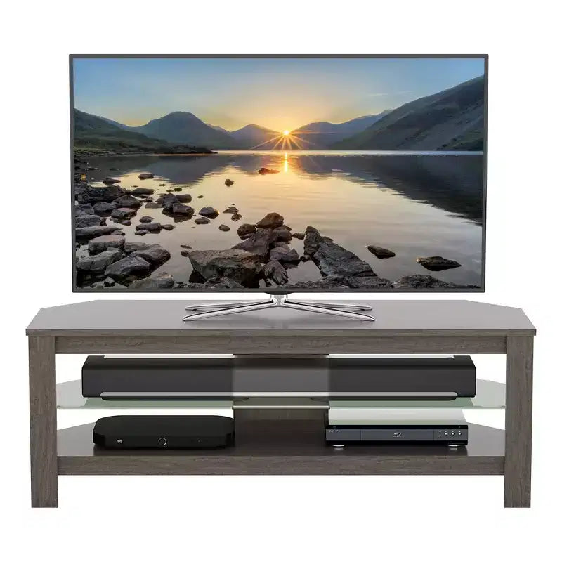 Corner TV Stand for TVs up to 55", Gray Oak MDF with Glass Shelf, Open Shelves, Cable Management