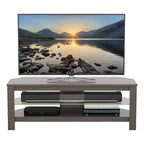 Corner TV Stand for TVs up to 55", Gray Oak MDF with Glass Shelf, Open Shelves, Cable Management