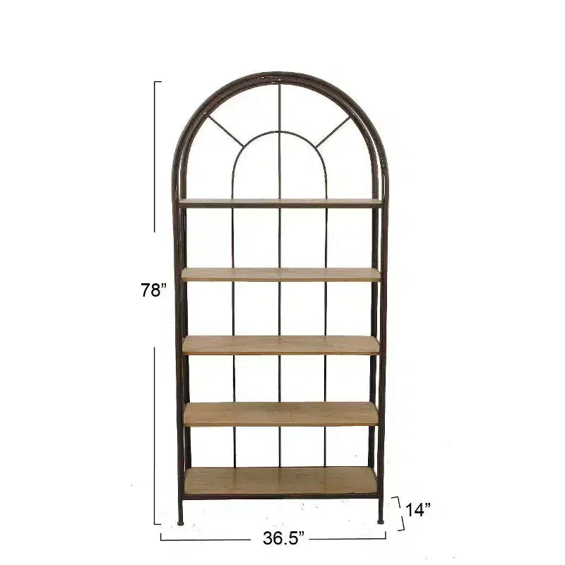 78" Metal Framed Bookshelf, 5-Tier Fir Wood Shelves, Industrial Iron Frame, 36.5" Long