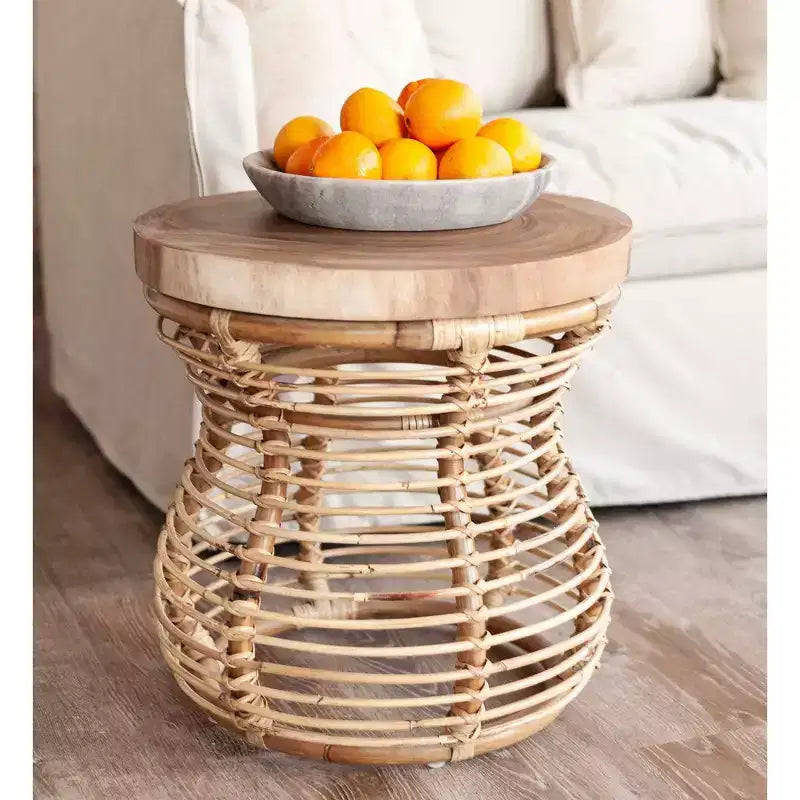 22.44" Round Side Table with Mango Wood Top and Rattan Frame, Tulip Shape, Tan, No Assembly