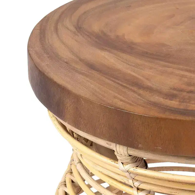 22.44" Round Side Table with Mango Wood Top and Rattan Frame, Tulip Shape, Tan, No Assembly