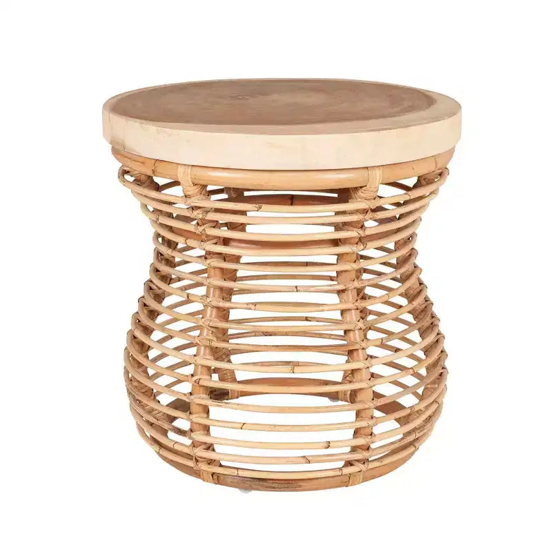 22.44" Round Side Table with Mango Wood Top and Rattan Frame, Tulip Shape, Tan, No Assembly