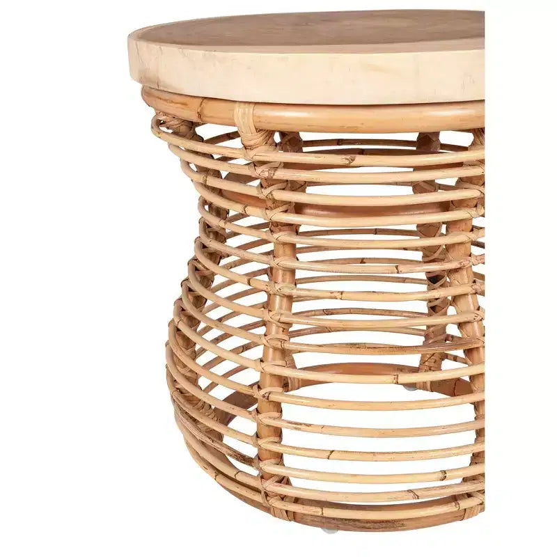 22.44" Round Side Table with Mango Wood Top and Rattan Frame, Tulip Shape, Tan, No Assembly