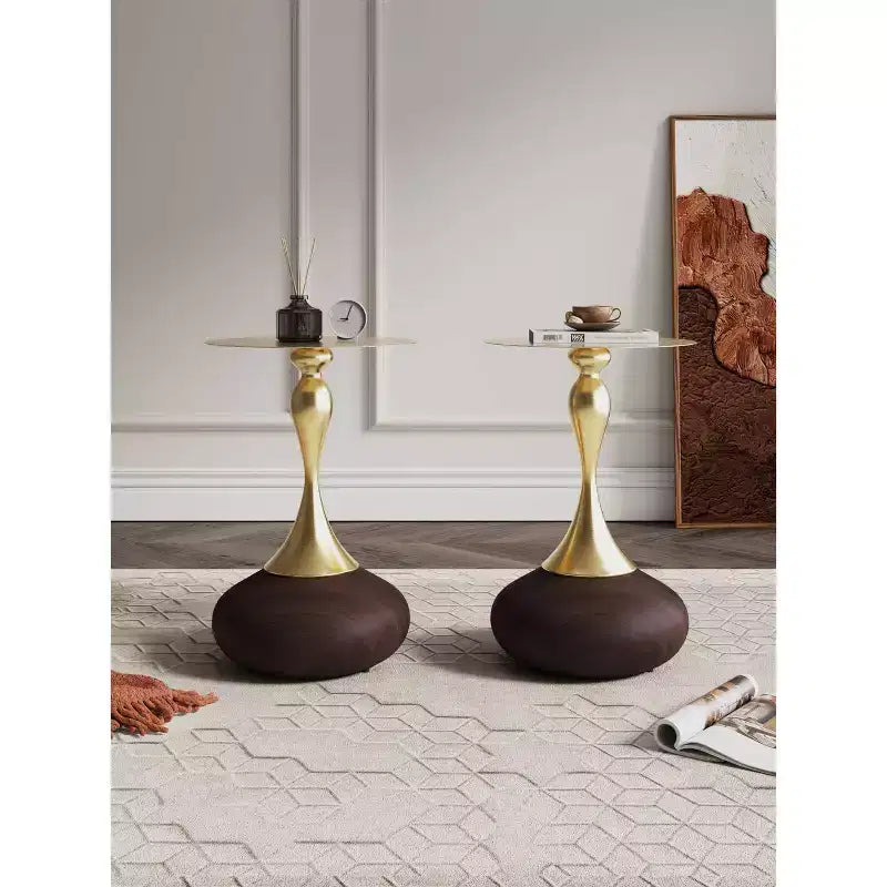 Set of 2 Round Gold Steel End Tables with Metal Base, Fully Assembled, 15.75" Diameter