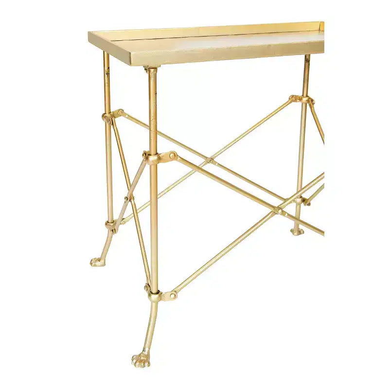 Rectangular Trestle End Accent Table, Antique Gold Iron with Raised Lip, Claw Feet, 20x12x20 Inches