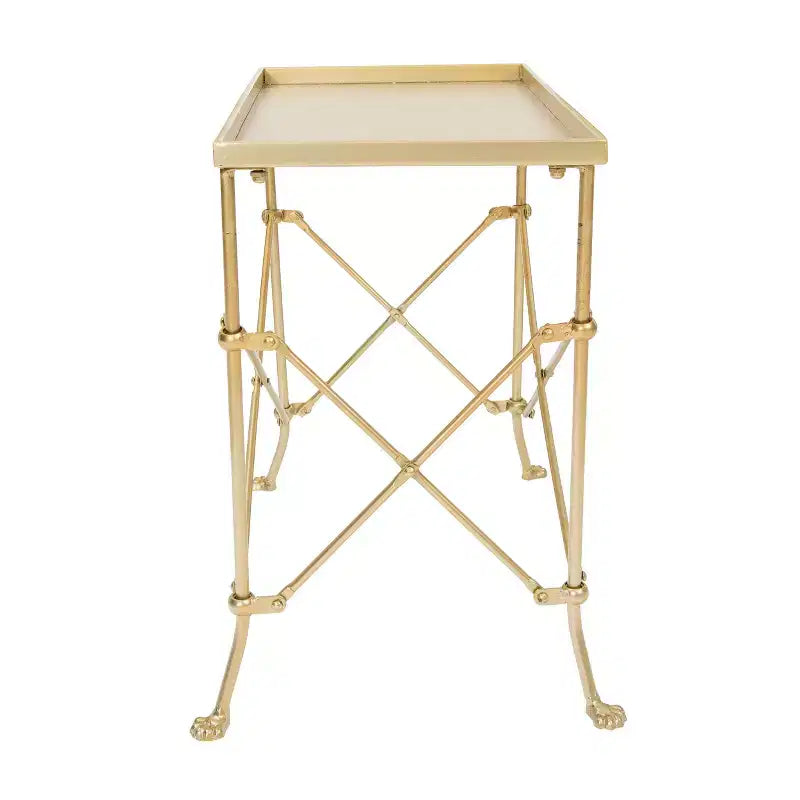 Rectangular Trestle End Accent Table, Antique Gold Iron with Raised Lip, Claw Feet, 20x12x20 Inches