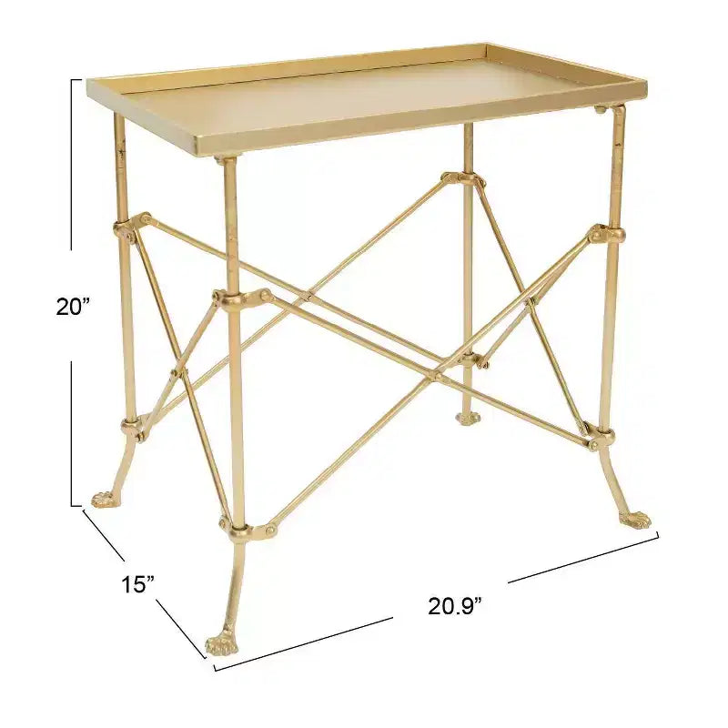 Rectangular Trestle End Accent Table, Antique Gold Iron with Raised Lip, Claw Feet, 20x12x20 Inches