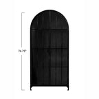 76" Tall Arched Black Iron & Glass Storage Cabinet, 2 Arched Glass Doors, 3 Fixed Shelves, No Assembly