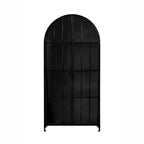 76" Tall Arched Black Iron & Glass Storage Cabinet, 2 Arched Glass Doors, 3 Fixed Shelves, No Assembly