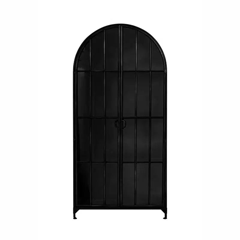 76" Tall Arched Black Iron & Glass Storage Cabinet, 2 Arched Glass Doors, 3 Fixed Shelves, No Assembly