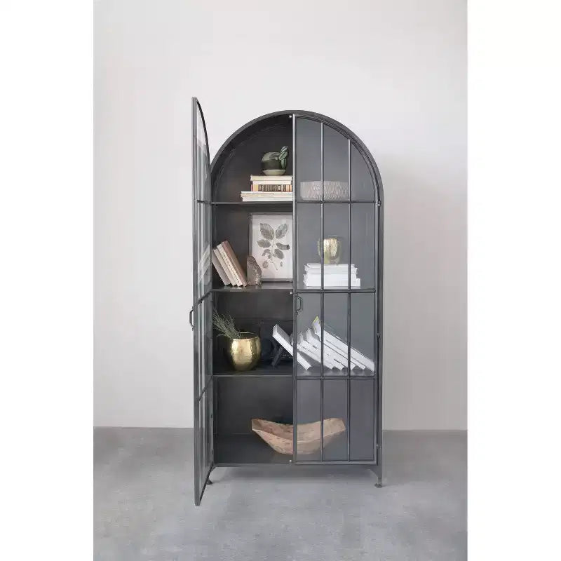 76" Tall Arched Black Iron & Glass Storage Cabinet, 2 Arched Glass Doors, 3 Fixed Shelves, No Assembly