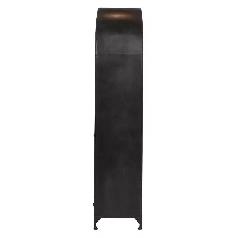 76" Tall Arched Black Iron & Glass Storage Cabinet, 2 Arched Glass Doors, 3 Fixed Shelves, No Assembly