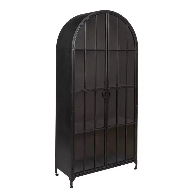 76" Tall Arched Black Iron & Glass Storage Cabinet, 2 Arched Glass Doors, 3 Fixed Shelves, No Assembly