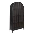 76" Tall Arched Black Iron & Glass Storage Cabinet, 2 Arched Glass Doors, 3 Fixed Shelves, No Assembly