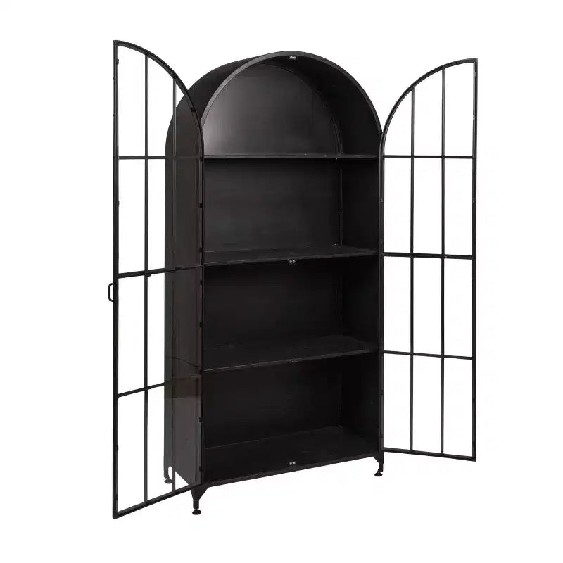 76" Tall Arched Black Iron & Glass Storage Cabinet, 2 Arched Glass Doors, 3 Fixed Shelves, No Assembly