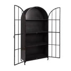 76" Tall Arched Black Iron & Glass Storage Cabinet, 2 Arched Glass Doors, 3 Fixed Shelves, No Assembly