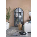 76" Tall Arched Black Iron & Glass Storage Cabinet, 2 Arched Glass Doors, 3 Fixed Shelves, No Assembly