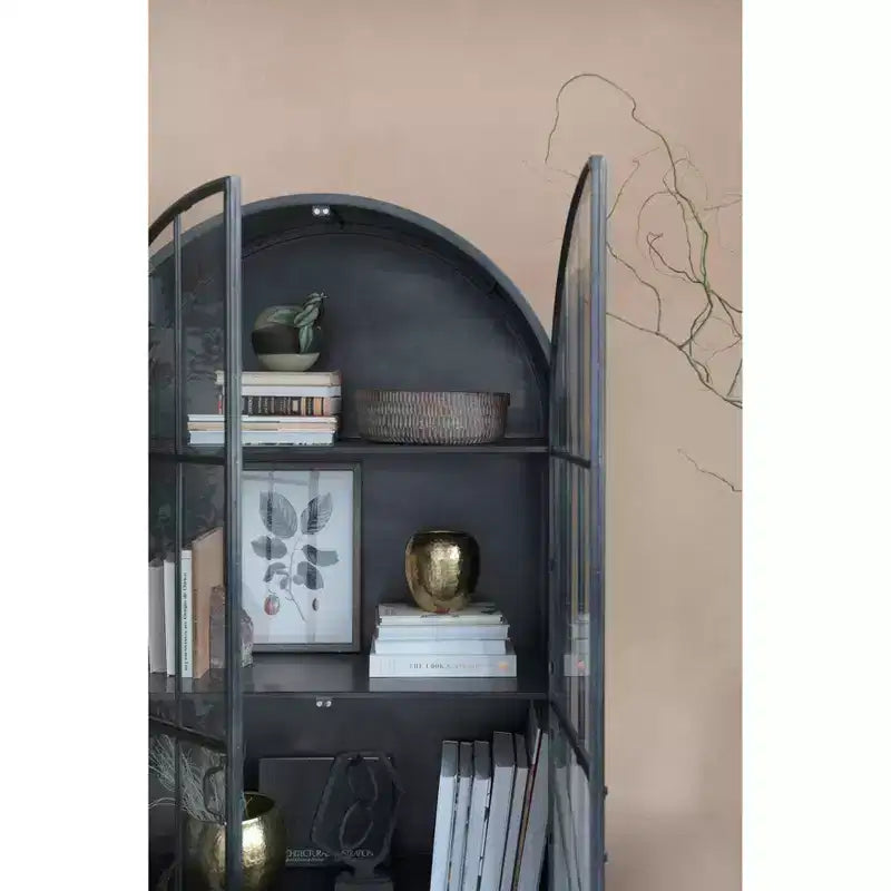 76" Tall Arched Black Iron & Glass Storage Cabinet, 2 Arched Glass Doors, 3 Fixed Shelves, No Assembly