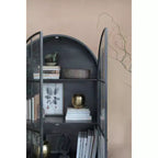 76" Tall Arched Black Iron & Glass Storage Cabinet, 2 Arched Glass Doors, 3 Fixed Shelves, No Assembly