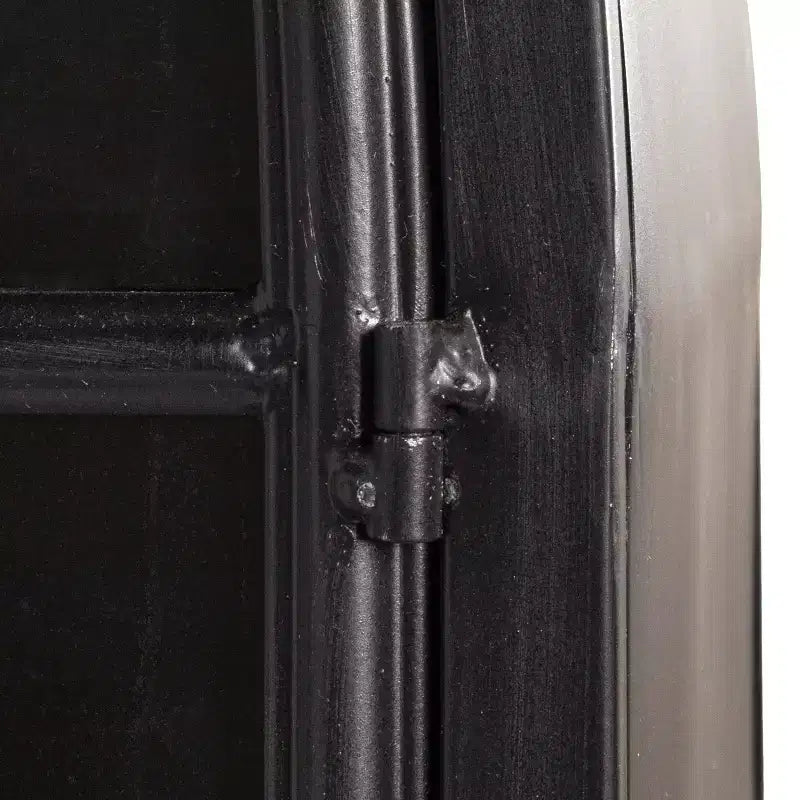 76" Tall Arched Black Iron & Glass Storage Cabinet, 2 Arched Glass Doors, 3 Fixed Shelves, No Assembly