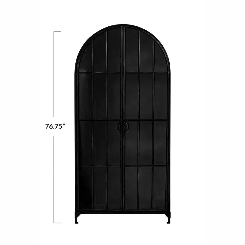 76" Tall Arched Black Iron & Glass Storage Cabinet, 2 Arched Glass Doors, 3 Fixed Shelves, No Assembly