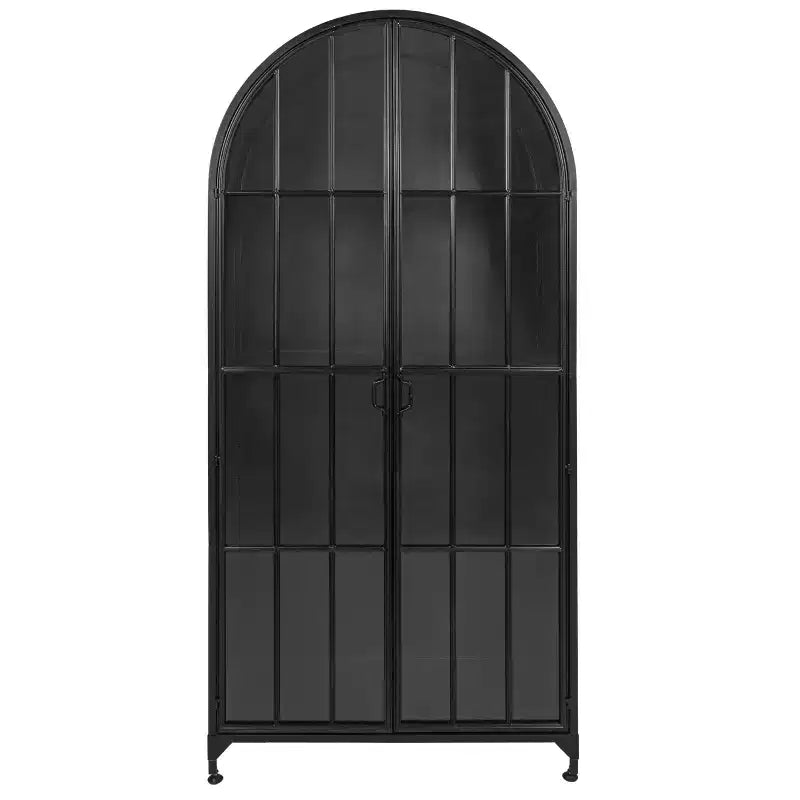 76" Tall Arched Black Iron & Glass Storage Cabinet, 2 Arched Glass Doors, 3 Fixed Shelves, No Assembly