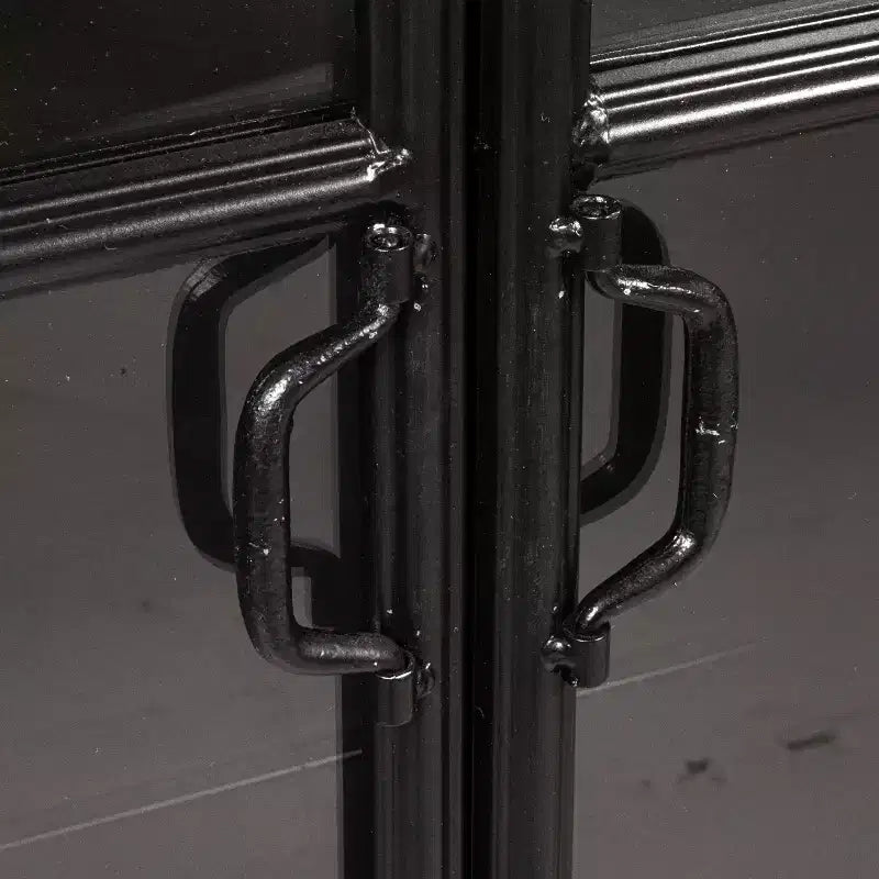 76" Tall Arched Black Iron & Glass Storage Cabinet, 2 Arched Glass Doors, 3 Fixed Shelves, No Assembly