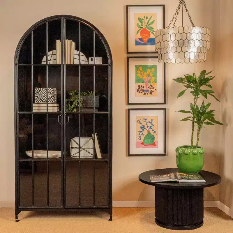 76" Tall Arched Black Iron & Glass Storage Cabinet, 2 Arched Glass Doors, 3 Fixed Shelves, No Assembly