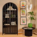 76" Tall Arched Black Iron & Glass Storage Cabinet, 2 Arched Glass Doors, 3 Fixed Shelves, No Assembly