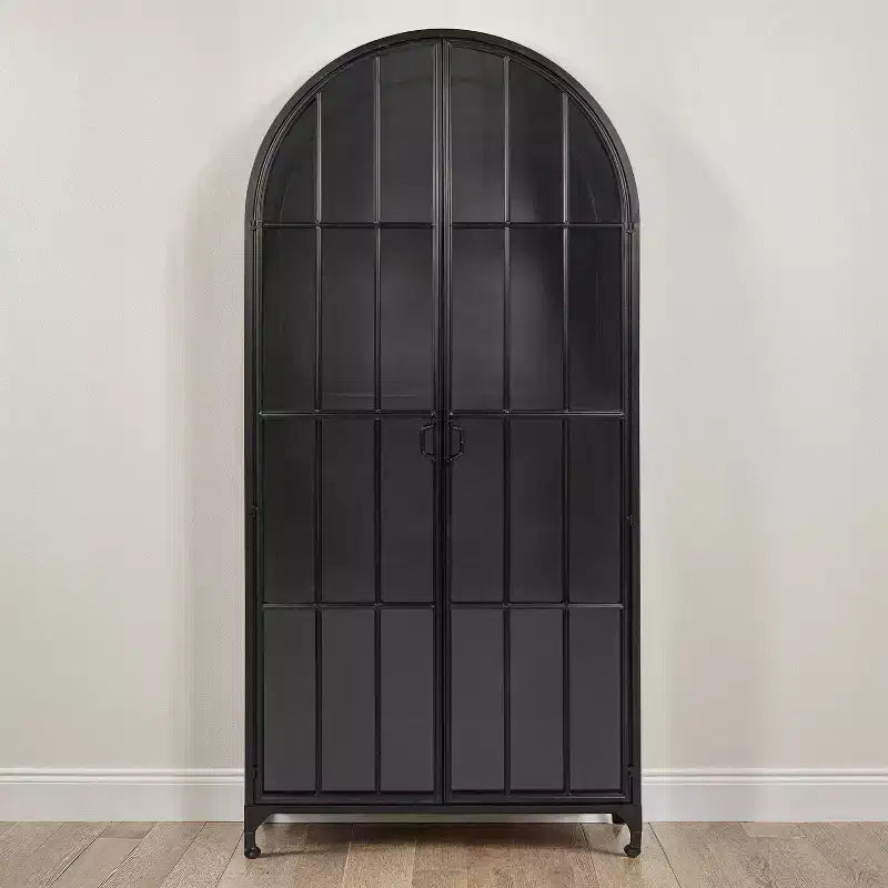 76" Tall Arched Black Iron & Glass Storage Cabinet, 2 Arched Glass Doors, 3 Fixed Shelves, No Assembly