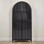 76" Tall Arched Black Iron & Glass Storage Cabinet, 2 Arched Glass Doors, 3 Fixed Shelves, No Assembly