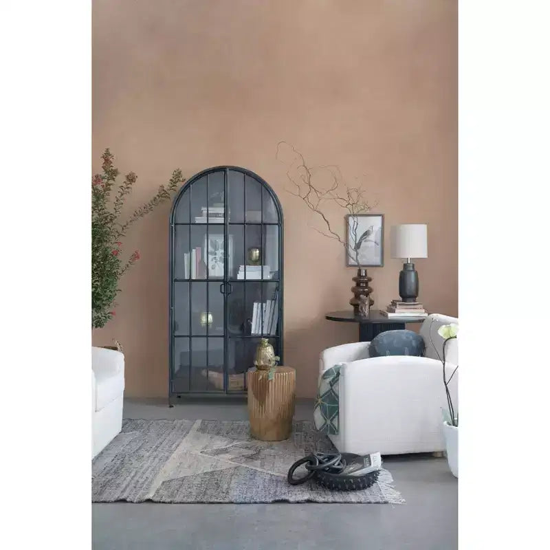 76" Tall Arched Black Iron & Glass Storage Cabinet, 2 Arched Glass Doors, 3 Fixed Shelves, No Assembly