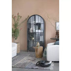 76" Tall Arched Black Iron & Glass Storage Cabinet, 2 Arched Glass Doors, 3 Fixed Shelves, No Assembly