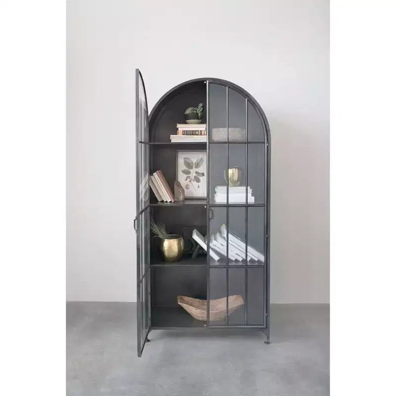 76" Tall Arched Black Iron & Glass Storage Cabinet, 2 Arched Glass Doors, 3 Fixed Shelves, No Assembly