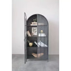 76" Tall Arched Black Iron & Glass Storage Cabinet, 2 Arched Glass Doors, 3 Fixed Shelves, No Assembly