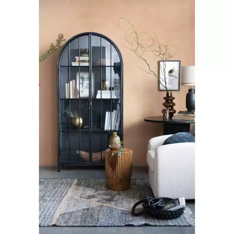 76" Tall Arched Black Iron & Glass Storage Cabinet, 2 Arched Glass Doors, 3 Fixed Shelves, No Assembly