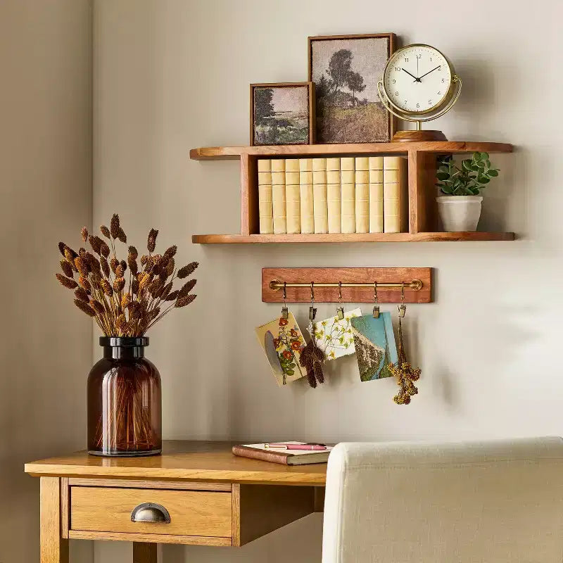 Brass and Wood Wall Rail with 6 Clips, Acacia Frame, Wall Mountable Organizer