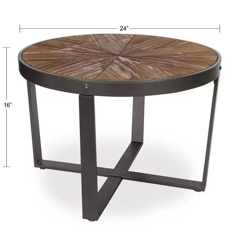 Round Metal Coffee Table, 24x24x15.5", Rustic Brown Starburst Wood Top with Black Frame