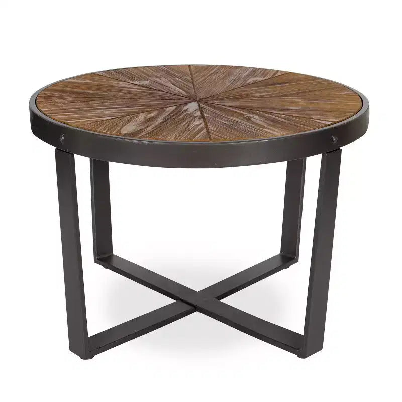 Round Metal Coffee Table, 24x24x15.5", Rustic Brown Starburst Wood Top with Black Frame