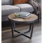 Round Metal Coffee Table, 24x24x15.5", Rustic Brown Starburst Wood Top with Black Frame