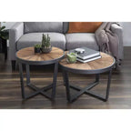 Round Metal Coffee Table, 24x24x15.5", Rustic Brown Starburst Wood Top with Black Frame