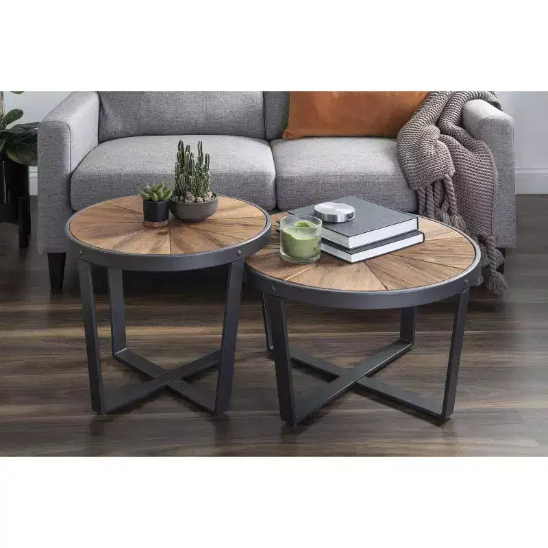 Round Metal Coffee Table, 24x24x15.5", Rustic Brown Starburst Wood Top with Black Frame