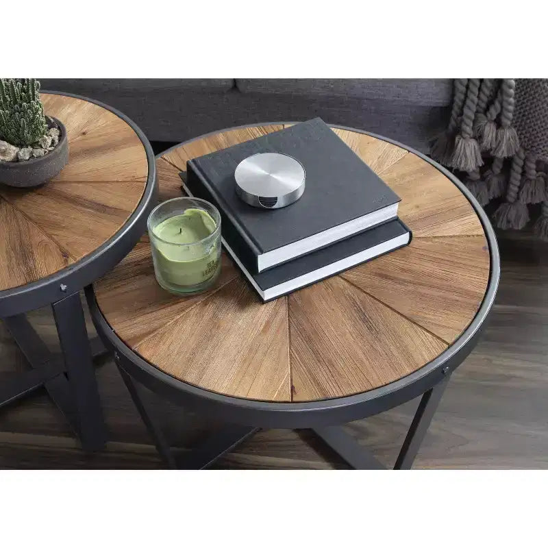 Round Metal Coffee Table, 24x24x15.5", Rustic Brown Starburst Wood Top with Black Frame