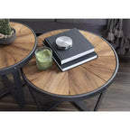 Round Metal Coffee Table, 24x24x15.5", Rustic Brown Starburst Wood Top with Black Frame