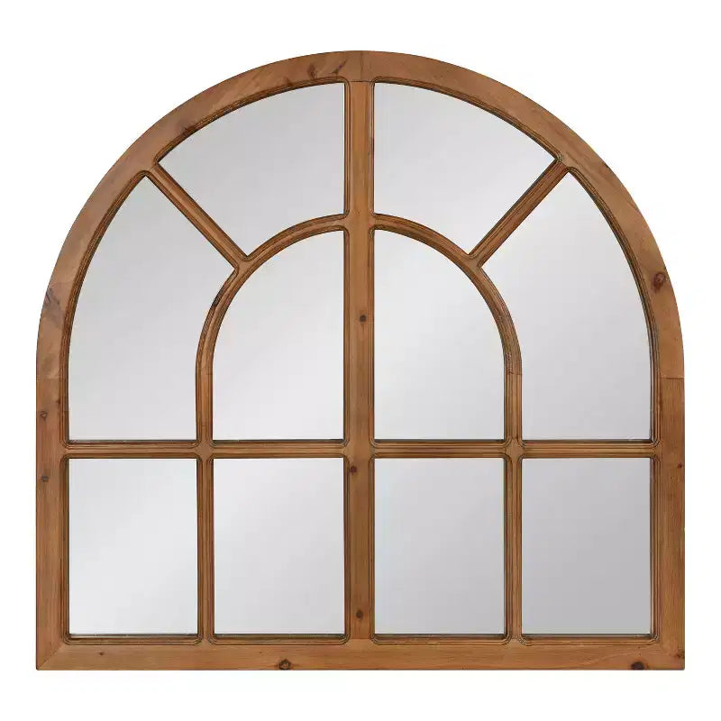 Wide Arch Windowpane Wall Mirror, Rustic Brown Solid Wood Frame, 30x28.5" Mirror Area