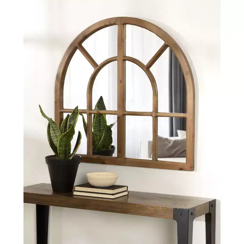 Wide Arch Windowpane Wall Mirror, Rustic Brown Solid Wood Frame, 30x28.5" Mirror Area