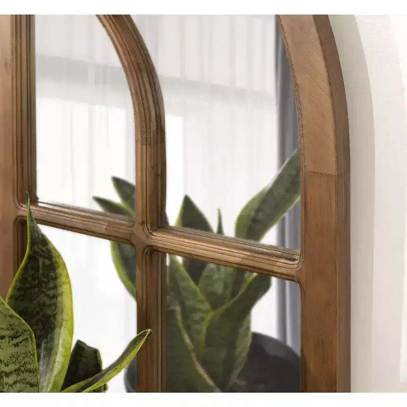 Wide Arch Windowpane Wall Mirror, Rustic Brown Solid Wood Frame, 30x28.5" Mirror Area